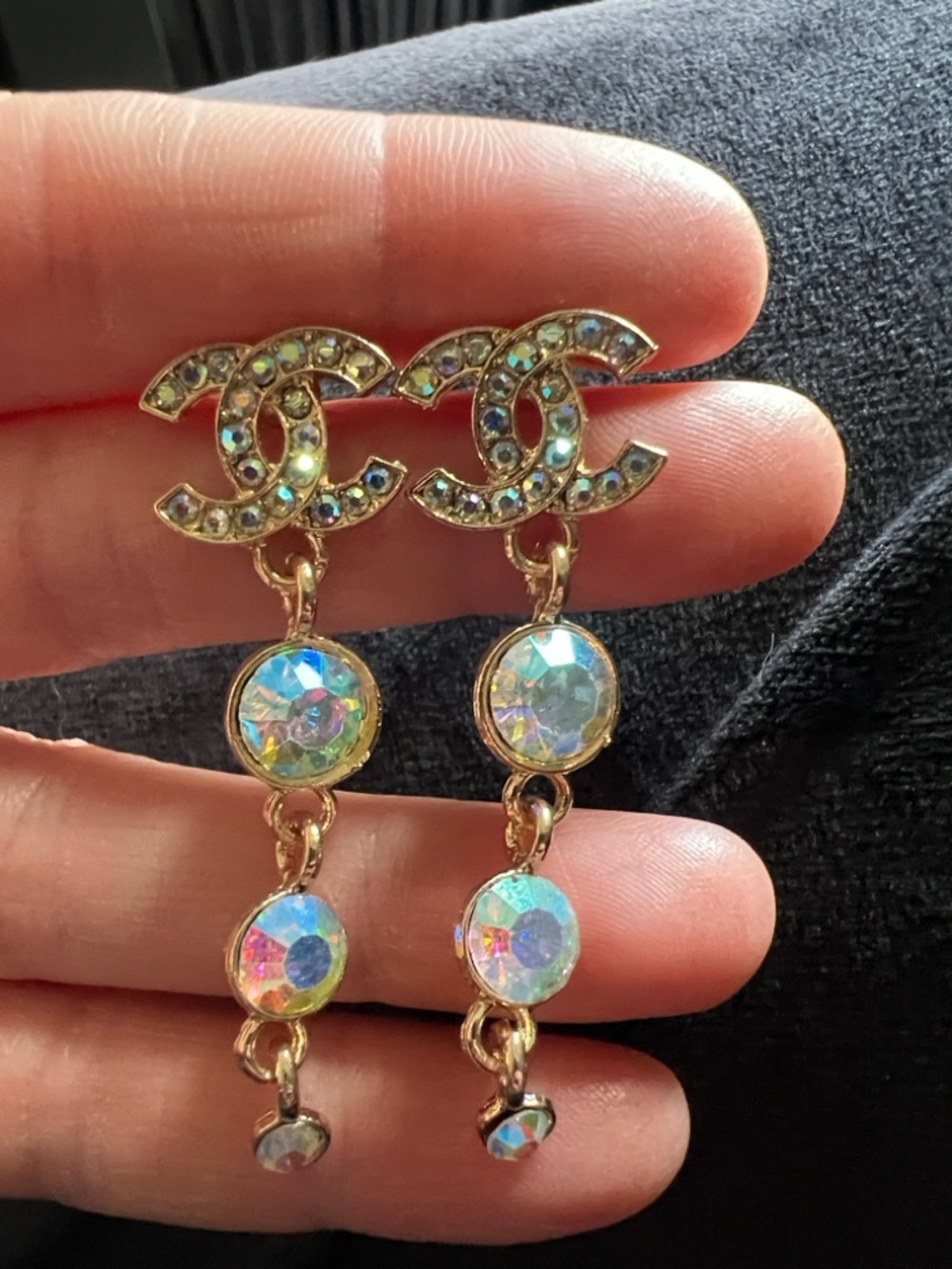 CHANEL Gold-Tone Drop Earrings with Iridescent Crystal Rounds